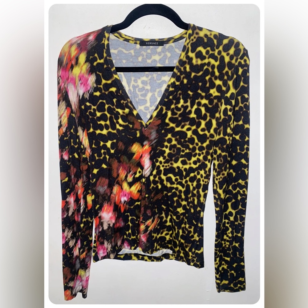 VERSACE V-neck Long sleeve Floral Leopard Cheetah Pullover Stretch Shirt SM